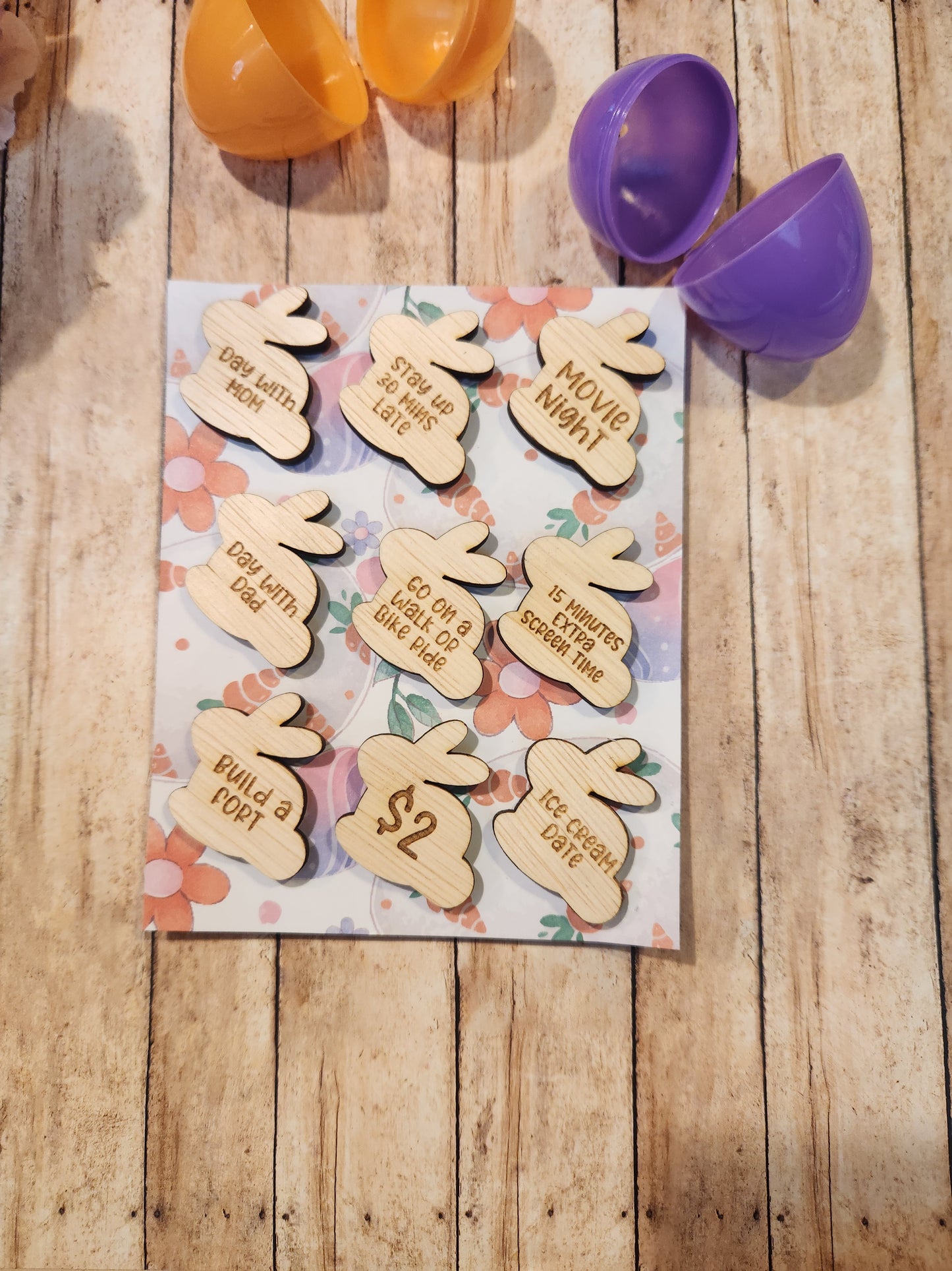 🐣 Easter Bunny Token Egg Hunt – 19 Pre-Filled Eggs with Wooden Surprise Tokens