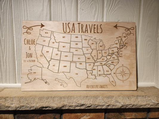 Personalized USA Travel Map – Custom Wooden Travel Tracker with 50 State Cutouts
